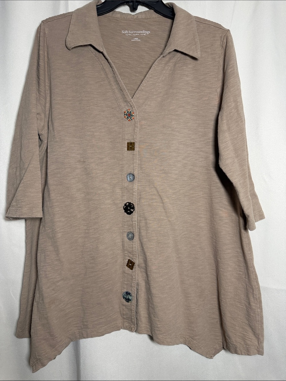 Soft Surroundings Danielle Button Tunic 3/4
Sleeve Cotton Desert Stone Size L